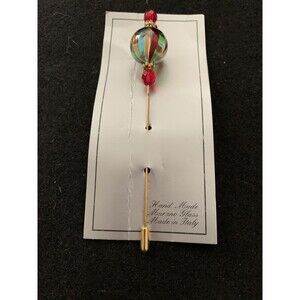Murano Glass Italy Stick Pin Green Red Blue Gold w Faceted Red Glass Bead Crown